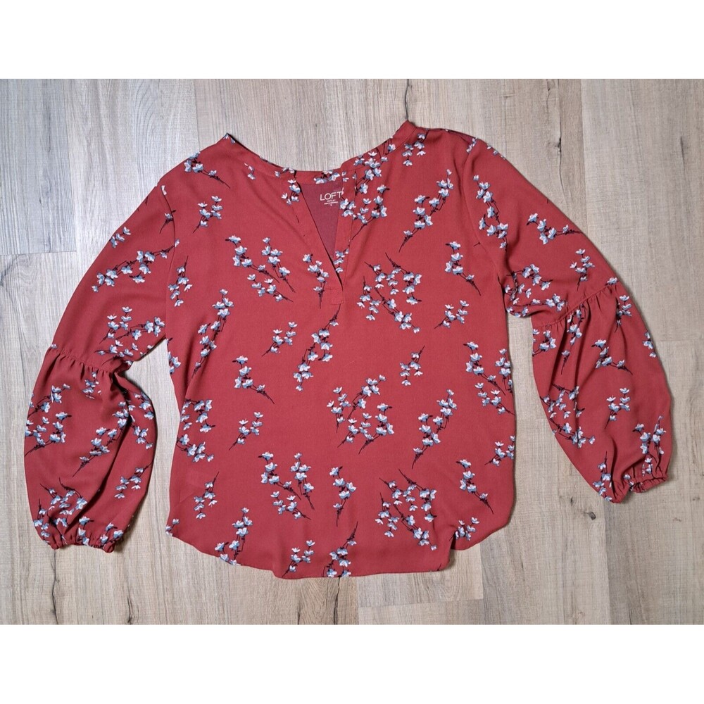 Loft Outlet Women's Red Floral Blouse Long Sleeve Peasant Size S
